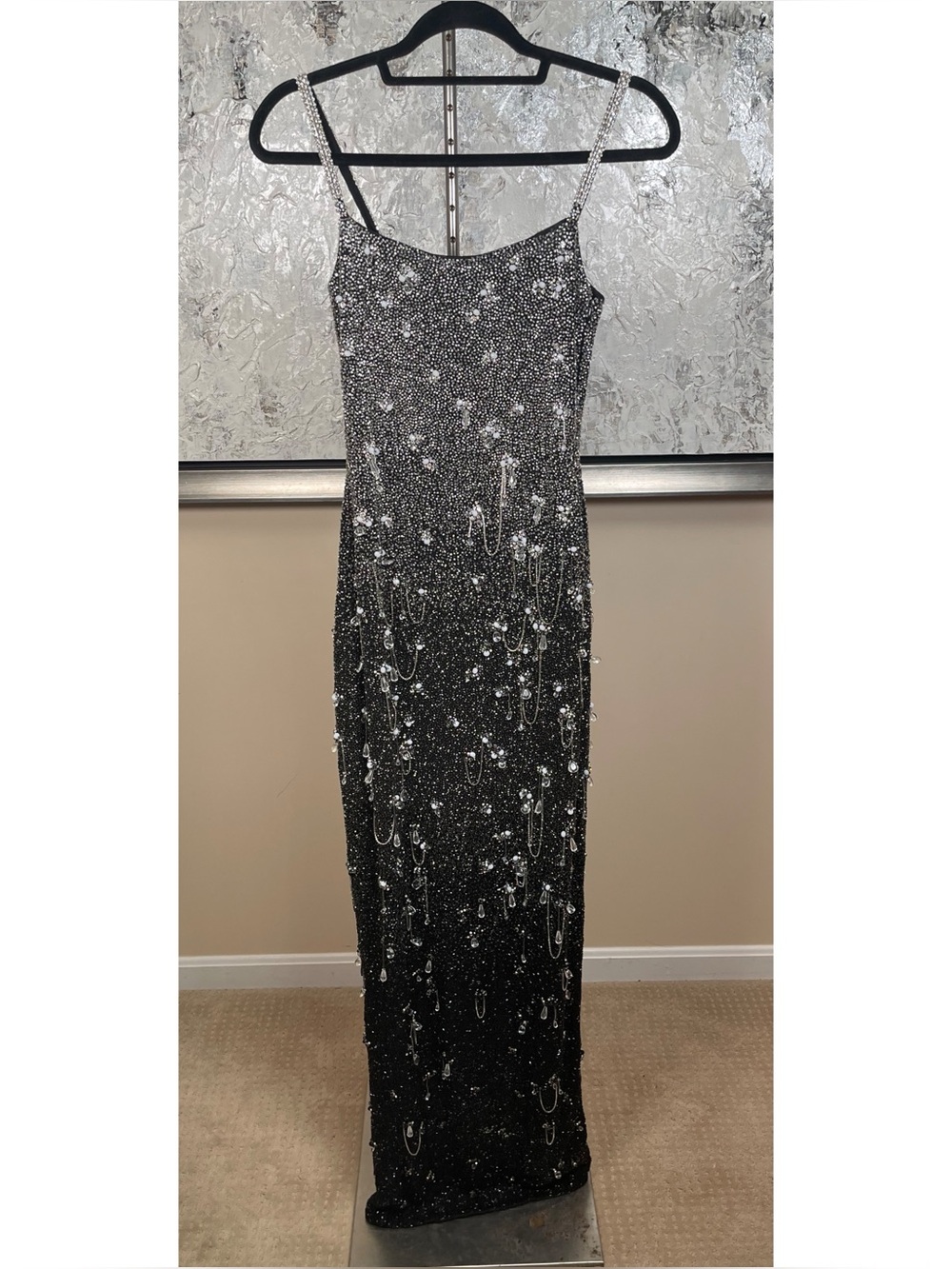 CLIO PEPPIATT Diamond Crystal Bead Embellished Fringe Black Maxi Dress Size S - Picture 3 of 11